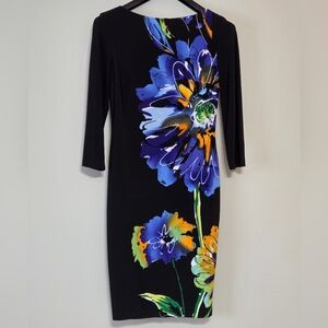 Joseph Ribkoff Black+Blue Floral Abstract Print 3/4 Sleeve Midi Dress Sz 6